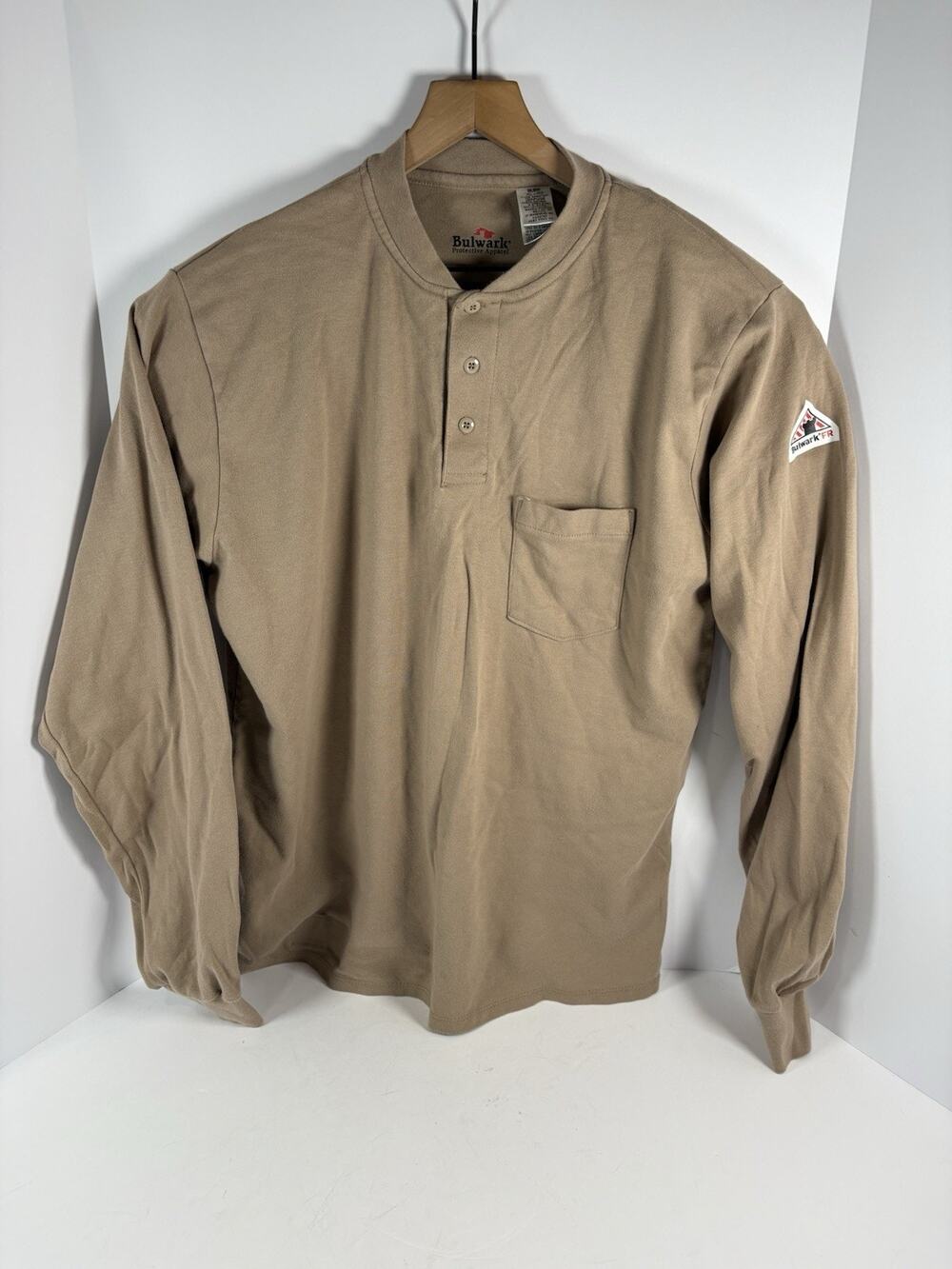Bulwark FR Henley Shirt Men XL Khaki Flame Resistant Long Sleeve Cotton Workwear